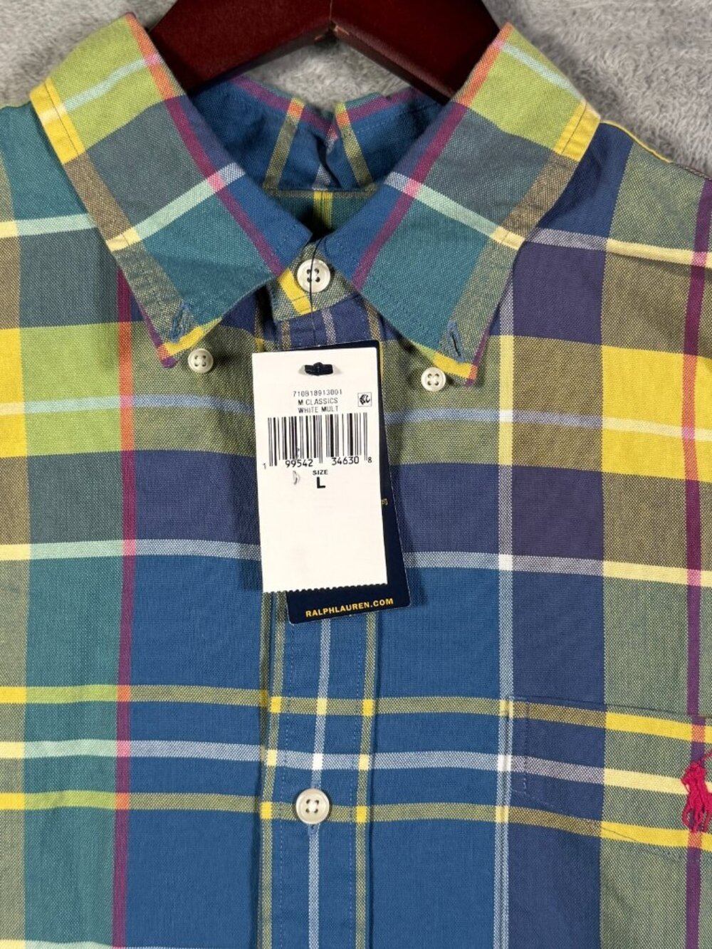 Polo Ralph Lauren Button Down Shirt Mens L Blue Yellow Plaid Short Sleeve Sport
